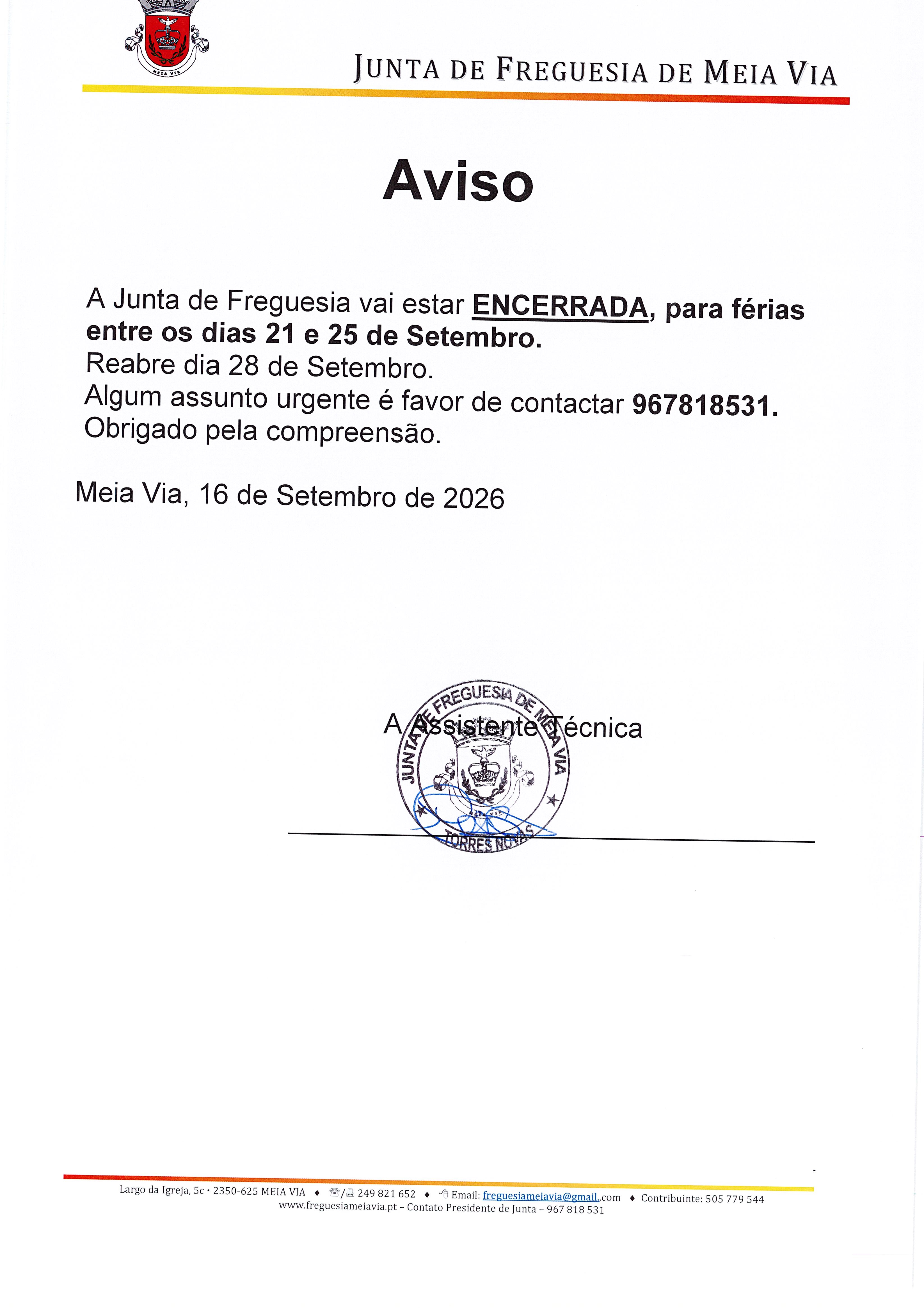 AVISO DE FÉRIAS SETEMBRO